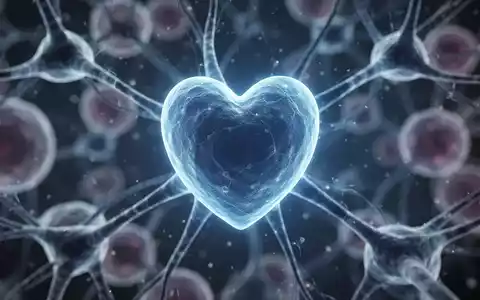 Ein stilisiertes, leuchtend blaues Herzsymbol über einem verschwommenen Hintergrund aus abstrakten neuronalen Pfaden oder Zellen. - Foto: über boerse-global.de