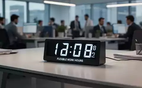 Ein Schreibtisch mit einer digitalen Uhr, die flexible Arbeitszeiten anzeigt, im Hintergrund ein unscharfes Büro. - Foto: über boerse-global.de