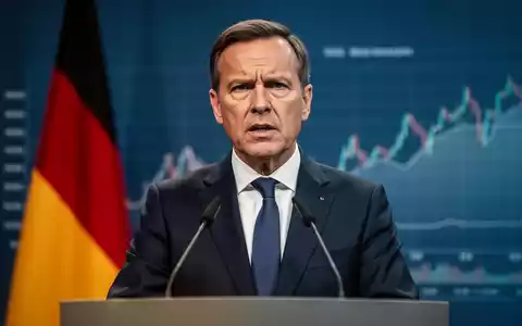 Ein entschlossener Politiker hält eine Rede an einem Podium, im Hintergrund eine verschwommene deutsche Flagge und Finanzdiagramme. - Foto: über boerse-global.de