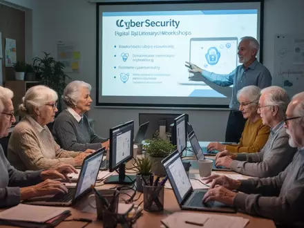 Senioren in einem Workshop zu digitaler Kompetenz und Cybersicherheit, lernen von einem Kursleiter über Online-Sicherheit. - Foto: über boerse-global.de