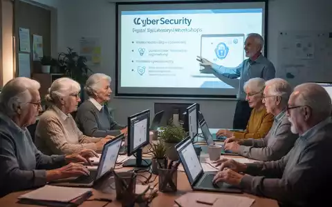 Senioren in einem Workshop zu digitaler Kompetenz und Cybersicherheit, lernen von einem Kursleiter über Online-Sicherheit. - Foto: über boerse-global.de