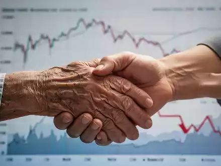 Eine junge Hand hält die Hand einer älteren Person, im Hintergrund unscharfe Finanzdiagramme, die Herausforderungen in der Pflegefinanzierung symbolisieren. - Foto: über boerse-global.de