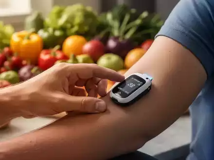 Eine Hand interagiert mit einem Blutzuckermessgerät am Arm, im Hintergrund verschwommenes gesundes Essen wie Obst und Gemüse. - Foto: über boerse-global.de