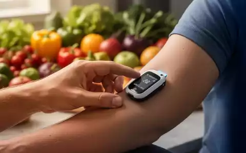 Eine Hand interagiert mit einem Blutzuckermessgerät am Arm, im Hintergrund verschwommenes gesundes Essen wie Obst und Gemüse. - Foto: über boerse-global.de
