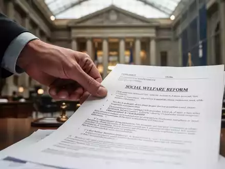 Eine Hand greift nach einem Dokument mit rechtlichen Paragraphen, im Hintergrund ein unscharfes Büro. Symbolisiert Sozialreformen. - Foto: über boerse-global.de