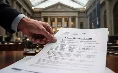 Eine Hand greift nach einem Dokument mit rechtlichen Paragraphen, im Hintergrund ein unscharfes Büro. Symbolisiert Sozialreformen. - Foto: über boerse-global.de