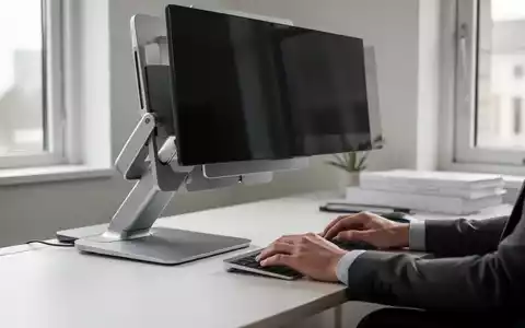 Ein ergonomischer Arbeitsplatz mit einem Monitor auf einer Erhöhung und einer Person, die am Computer arbeitet. Fokus auf gute Körperhaltung. - Foto: über boerse-global.de