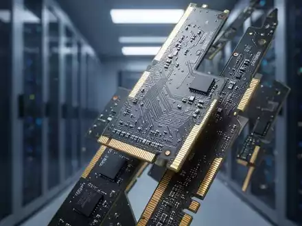 Nahaufnahme von DDR4-RAM-Modulen mit feiner Schaltkreisstruktur, Goldkontakten und unscharfem Rechenzentrum im Hintergrund. - Foto: über boerse-global.de