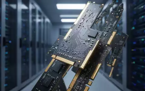 Nahaufnahme von DDR4-RAM-Modulen mit feiner Schaltkreisstruktur, Goldkontakten und unscharfem Rechenzentrum im Hintergrund. - Foto: über boerse-global.de