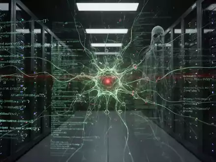 Abstrakte Darstellung einer digitalen Bedrohung mit leuchtenden Codezeilen, die sich durch ein dunkles Serverraum-Netzwerk bewegen, symbolisiert schwer erkennbare Malware. - Foto: über boerse-global.de