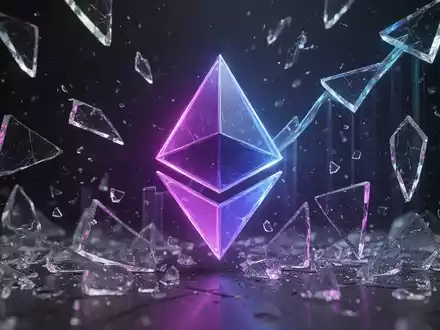 Digitales Ethereum-Logo in leuchtendem Lila und Blau, umgeben von zerbrochenen Glasfragmenten, die finanzielle Verluste symbolisieren. - Foto: über boerse-global.de