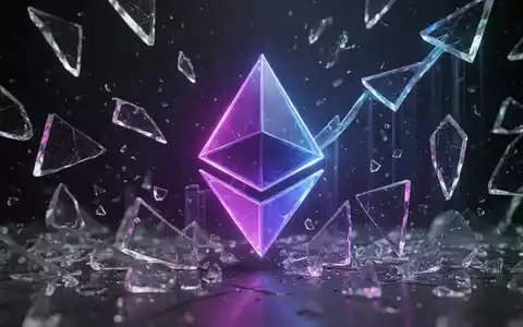 Digitales Ethereum-Logo in leuchtendem Lila und Blau, umgeben von zerbrochenen Glasfragmenten, die finanzielle Verluste symbolisieren. - Foto: über boerse-global.de