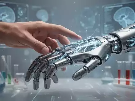 Eine Nahaufnahme einer menschlichen Hand, die eine bionische Prothese berührt, mit angedeuteten neuronalen Verbindungen. - Foto: über boerse-global.de