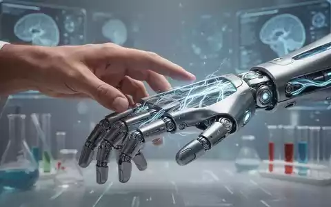 Eine Nahaufnahme einer menschlichen Hand, die eine bionische Prothese berührt, mit angedeuteten neuronalen Verbindungen. - Foto: über boerse-global.de