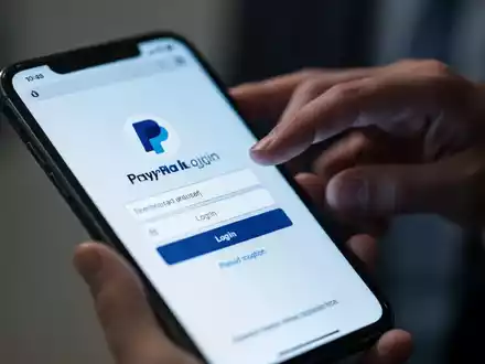 Nahaufnahme eines Smartphone-Bildschirms mit gefälschter PayPal-Anmeldeseite, Hand darüber schwebend, digitaler Betrug. - Foto: über boerse-global.de