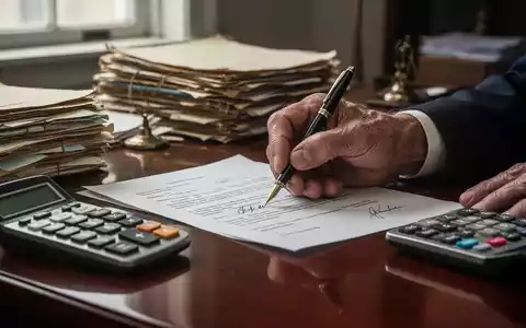 Eine gealterte Hand unterschreibt ein Dokument mit einem Füllfederhalter auf einem dunklen Holztisch, umgeben von Akten und einem Rechner. - Foto: über boerse-global.de