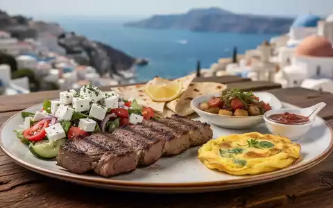 Ein Teller mit Lamm, griechischem Salat und Omelett auf einem Holztisch mit verschwommenem Hintergrund einer Urlaubsdestination. - Foto: über boerse-global.de
