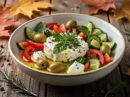 Eine bunte Schale mit mediterranen Speisen, frischem Gemüse, Olivenöl und Kräutern auf einem Holztisch mit Herbstblättern. - Foto: über boerse-global.de