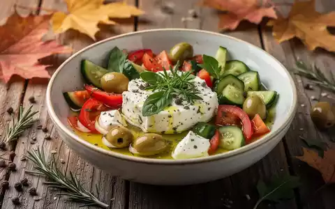 Eine bunte Schale mit mediterranen Speisen, frischem Gemüse, Olivenöl und Kräutern auf einem Holztisch mit Herbstblättern. - Foto: über boerse-global.de
