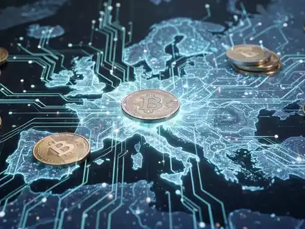 Digitale Euromünzen und Schaltkreise auf einer holografischen Europakarte, die PayPals Rolle bei digitalen Zahlungen in Europa darstellen. - Foto: über boerse-global.de