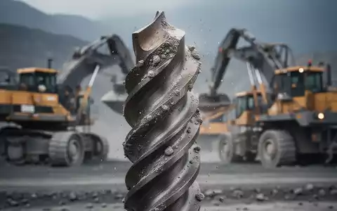 Nahaufnahme eines Bohrmeißels mit Mineralstaub vor dem unscharfen Hintergrund eines modernen Bergbaugeländes. - Foto: über boerse-global.de