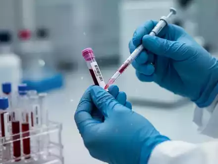 Nahaufnahme von Händen in blauen Handschuhen, die eine Blutprobe und eine Pipette in einem Labor halten. - Foto: über boerse-global.de