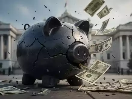 Ein stilisiertes, zerbrochenes Sparschwein mit herausfallendem Geld vor einem unscharfen Hintergrund von Regierungsgebäuden. - Foto: über boerse-global.de
