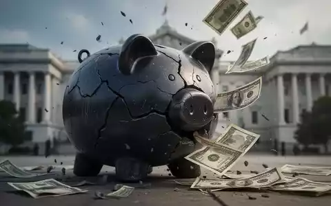 Ein stilisiertes, zerbrochenes Sparschwein mit herausfallendem Geld vor einem unscharfen Hintergrund von Regierungsgebäuden. - Foto: über boerse-global.de