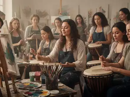 Eine vielfältige Gruppe von Frauen nimmt an einem kreativen Workshop teil, einige malen, andere spielen Handtrommeln, Ausdruck von Ruhe und Konzentration. - Foto: über boerse-global.de