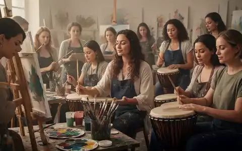 Eine vielfältige Gruppe von Frauen nimmt an einem kreativen Workshop teil, einige malen, andere spielen Handtrommeln, Ausdruck von Ruhe und Konzentration. - Foto: über boerse-global.de