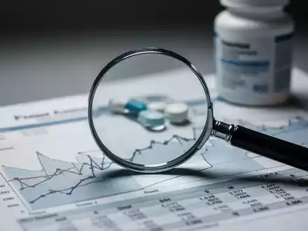 Eine Nahaufnahme einer Lupe über einem Finanzbericht, im Hintergrund verschwommen ein Biotech-Produkt. - Foto: über boerse-global.de