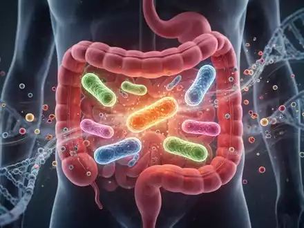Mikroskopische Darstellung verschiedener Darmbakterienstämme, die in einem stilisierten menschlichen Darm interagieren, umgeben von DNA und Nährstoffen. - Foto: über boerse-global.de