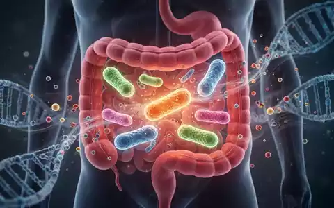 Mikroskopische Darstellung verschiedener Darmbakterienstämme, die in einem stilisierten menschlichen Darm interagieren, umgeben von DNA und Nährstoffen. - Foto: über boerse-global.de