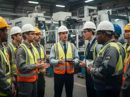 Arbeiter in Schutzausrüstung bei einer Sicherheitsbesprechung in einer Fabrikumgebung, die Arbeitsschutzmaßnahmen betont. - Foto: über boerse-global.de