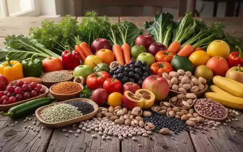 Eine bunte Auswahl an frischem Obst, Gemüse, Hülsenfrüchten, Nüssen und Samen auf einem Holztisch, die Vielfalt und gesunde Ernährung betont. - Foto: über boerse-global.de