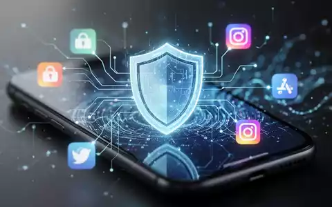 Leuchtendes digitales Schildsymbol auf iPhone-Bildschirm mit abstrakten Datenmustern, symbolisiert Betrugserkennung und Privatsphäre. - Foto: über boerse-global.de