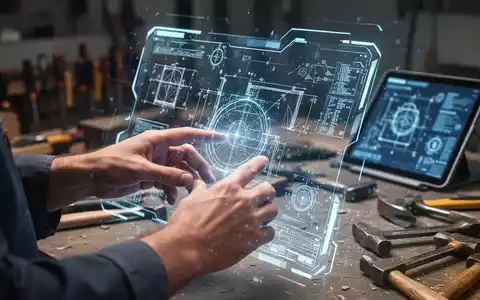 Nahaufnahme der Hände eines Handwerkers, der mit einer holografischen Oberfläche interagiert, die digitale Baupläne und Daten anzeigt. - Foto: über boerse-global.de