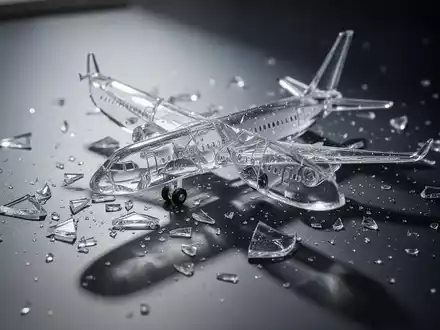 Ein zerbrochenes Glasflugzeug auf einer dunklen Oberfläche, das gescheiterte Verhandlungen und Störungen im Flugverkehr symbolisiert. - Foto: über boerse-global.de