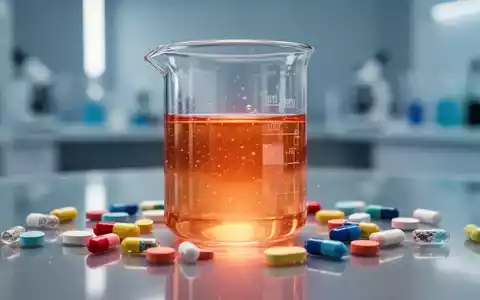 Ein klares Glasbecher mit leuchtender Flüssigkeit, umgeben von bunten Kapseln und Tabletten auf einer sterilen Oberfläche. - Foto: über boerse-global.de
