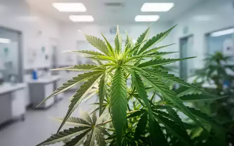 Nahaufnahme von Cannabisblättern mit einem verschwommenen Hintergrund einer medizinischen Einrichtung, die Wachstum und Heilung andeutet. - Foto: über boerse-global.de