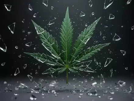 Ein stilisiertes, zerbrochenes grünes Cannabisblatt, das in Fragmente zerfällt, vor einem dunklen Hintergrund. - Foto: über boerse-global.de