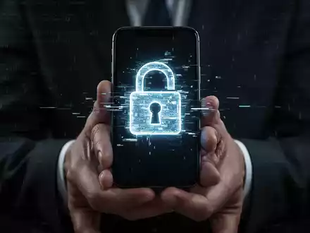 Hände halten ein Smartphone mit einem leuchtenden, gestörten digitalen Schloss-Symbol auf dem Bildschirm, das eine Cyberbedrohung darstellt. - Foto: über boerse-global.de