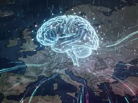 Holografisches digitales Gehirn mit leuchtenden Verbindungen über Europakarte und Deutschland, Symbol für KI und digitale Souveränität. - Foto: über boerse-global.de