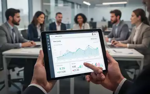 Nahaufnahme eines Tablets mit einer digitalen Zeiterfassungs-App, im Hintergrund verschwommen ein Büro mit arbeitenden Personen. - Foto: über boerse-global.de