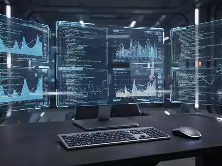 Futuristischer Arbeitsplatz mit mehreren holografischen Bildschirmen, die Daten, Diagramme und Code zeigen, als Symbol für neue Produktivitätstools. - Foto: über boerse-global.de