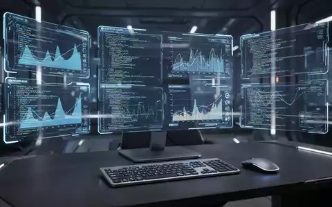 Futuristischer Arbeitsplatz mit mehreren holografischen Bildschirmen, die Daten, Diagramme und Code zeigen, als Symbol für neue Produktivitätstools. - Foto: über boerse-global.de