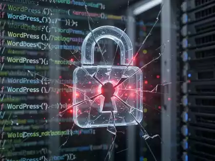 Nahaufnahme eines digitalen Schlosssymbols, das über verschwommenem WordPress-Code und Server-Racks liegt und Risse mit roten Warnlichtern zeigt. - Foto: über boerse-global.de