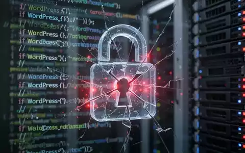 Nahaufnahme eines digitalen Schlosssymbols, das über verschwommenem WordPress-Code und Server-Racks liegt und Risse mit roten Warnlichtern zeigt. - Foto: über boerse-global.de