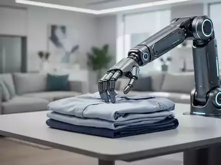 Ein futuristischer Roboterarm faltet präzise Wäsche auf einem modernen Tisch in einem aufgeräumten, hellen Wohnraum. - Foto: über boerse-global.de