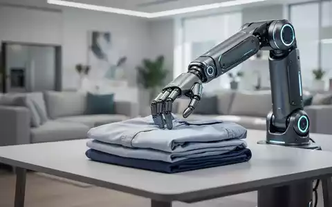 Ein futuristischer Roboterarm faltet präzise Wäsche auf einem modernen Tisch in einem aufgeräumten, hellen Wohnraum. - Foto: über boerse-global.de